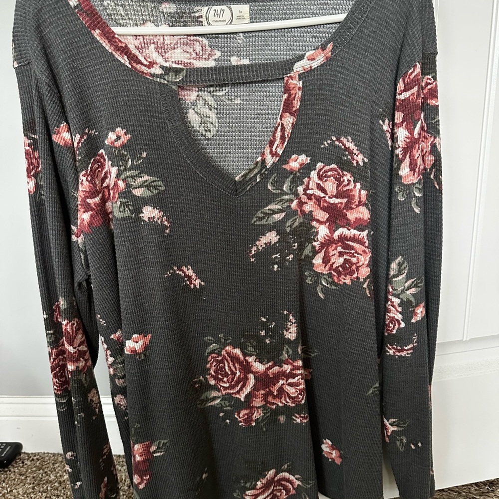 Maurices Floral Long Sleeve Blouse - Charcoal and Rose